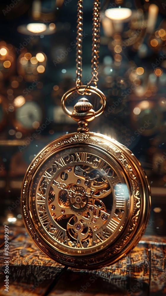 Mechanical Pocket Watch, intricate gears and cogs, detailed engraving, displayed in a dimly lit mahogany shop Realistic, Spotlight, Depth of Field Bokeh Effect