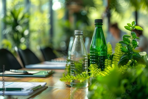 Clear and Green Water Bottles on Desk. Two water bottles amidst office supplies and green plants on a sunny desk.