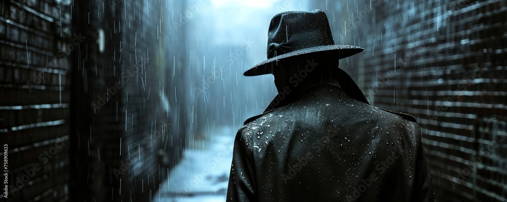 Mysterious man in a trench coat, with a fedora pulled down over his eyes, lurking in the shadows of a rain-soaked alley, evoking the dark and gritty atmosphere of film noir 