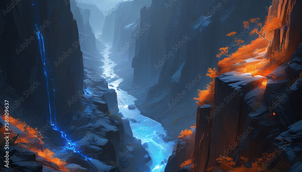 Fototapeta premium Mountain landscape featuring jagged rocks in a blue hue. Generative AI.