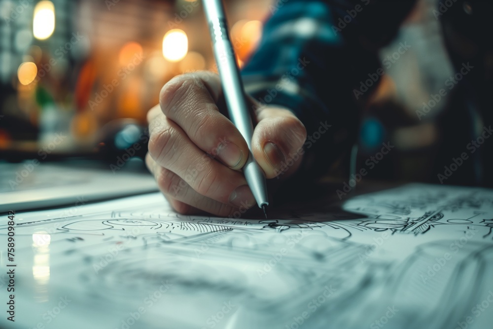 Designer Sketching Ideas at Night. Designer intently sketches creative ideas during a night session at an atmospheric workspace. Designer Sketching Ideas at Night. Designer intently sketches creative ideas during a night session at an atmospheric workspace.