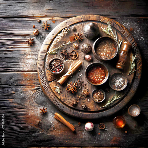 Top View Wide Variety Spices and Herbs on Black wood Background - Generative AI