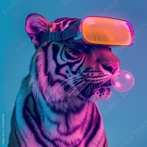 Digitally altered image of a tiger with ski goggles blowing a bubble photo