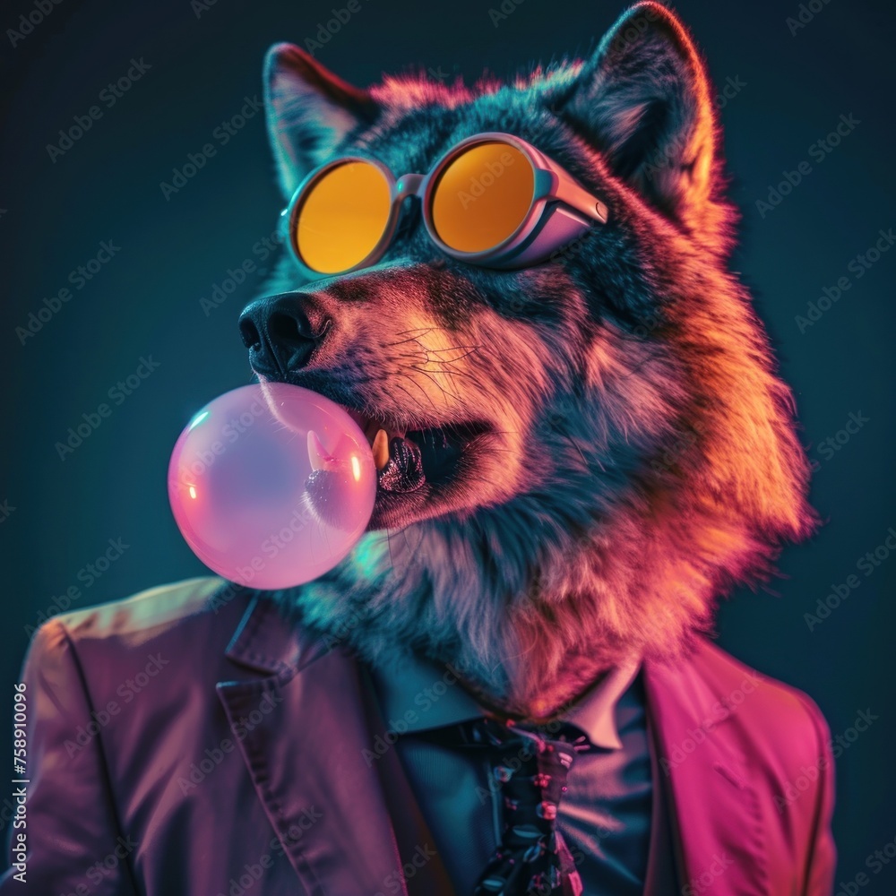 Striking image of a wolf in a slick suit and sunglasses blowing a bubble gum with a neon light effect