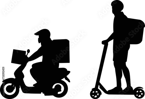 courier on a moped and scooter silhouette on a white background, vector