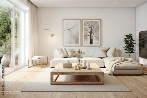 Contemporary white frame harmonizes with beige and Scandinavian elements, showcasing a modern living space's tranquility - plain walls, wooden floor, and a hint of greenery.