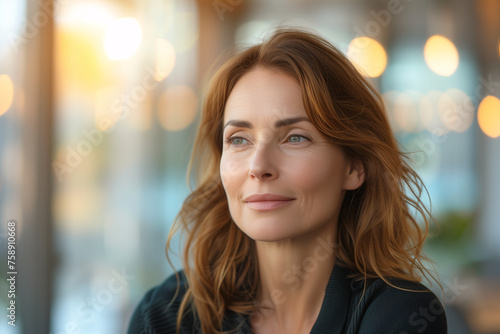 Contemplative Woman with Glowing Backlit Ambience. Mature woman in thoughtful contemplation, with warm glowing lights softening the background.