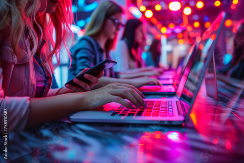 Group of Young People Using Technology in Neon Light. Youthful individuals engaged with glowing laptops and smartphones in a vibrant neon-lit environment. photo
