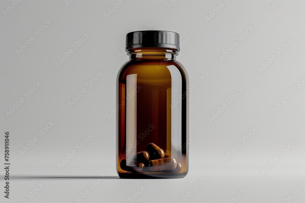 A Mockup jar of pills is sitting on a table. medical and healthy concept A Mockup jar of pills is sitting on a table. medical and healthy concept