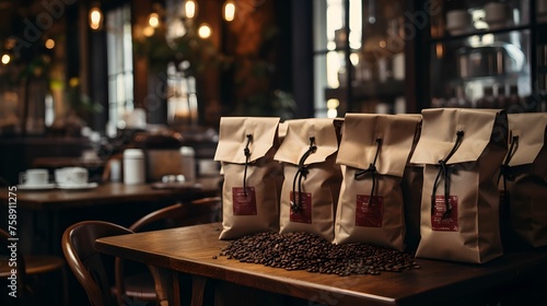Cozy Coffee Shop Atmosphere, scene, bags, aromatic coffee beans, inviting atmosphere