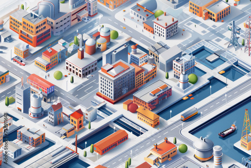 Modern isometric or 3d location map with colorful living and industrial buildings city landmarks streets and place for text or description. 