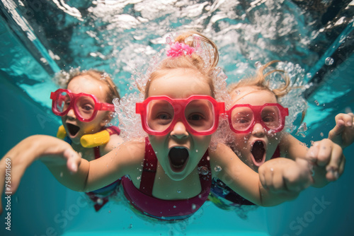A group of children, wearing red goggles, happily swim in a pool, enjoying their time together.