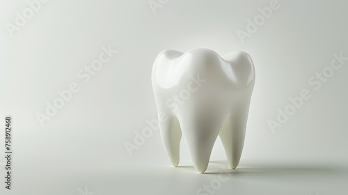 A healthy white big tooth stands on a glass table on a white background, banner