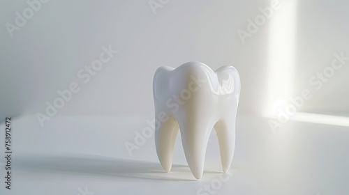 A healthy white big tooth stands on a glass table on a white background, banner