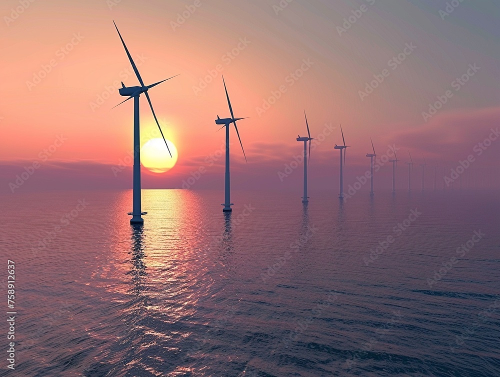 Wind turbines standing tall against a setting sun