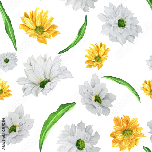 Hand-drawn watercolor illustration. Seamless floral pattern with white and yellow flowers. Floral background