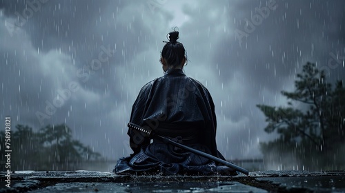 A samurai in silent meditation before a duel katana at the ready photo