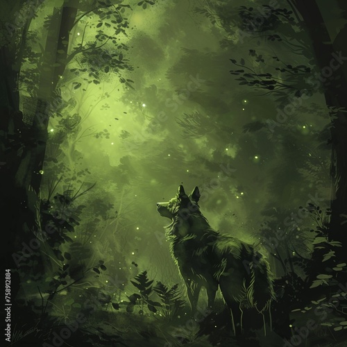 A loyal dog standing guard in a mystical dark green forest photo