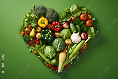 Green Backdrop Delight, heart-shaped, fresh vegetables, vibrant green backdrop, healthy eating