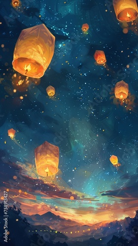Glowing lanterns floating up into the night sky