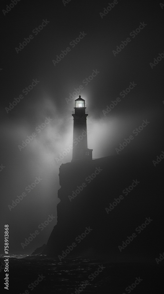 Solitary lighthouse beam cutting through the fog