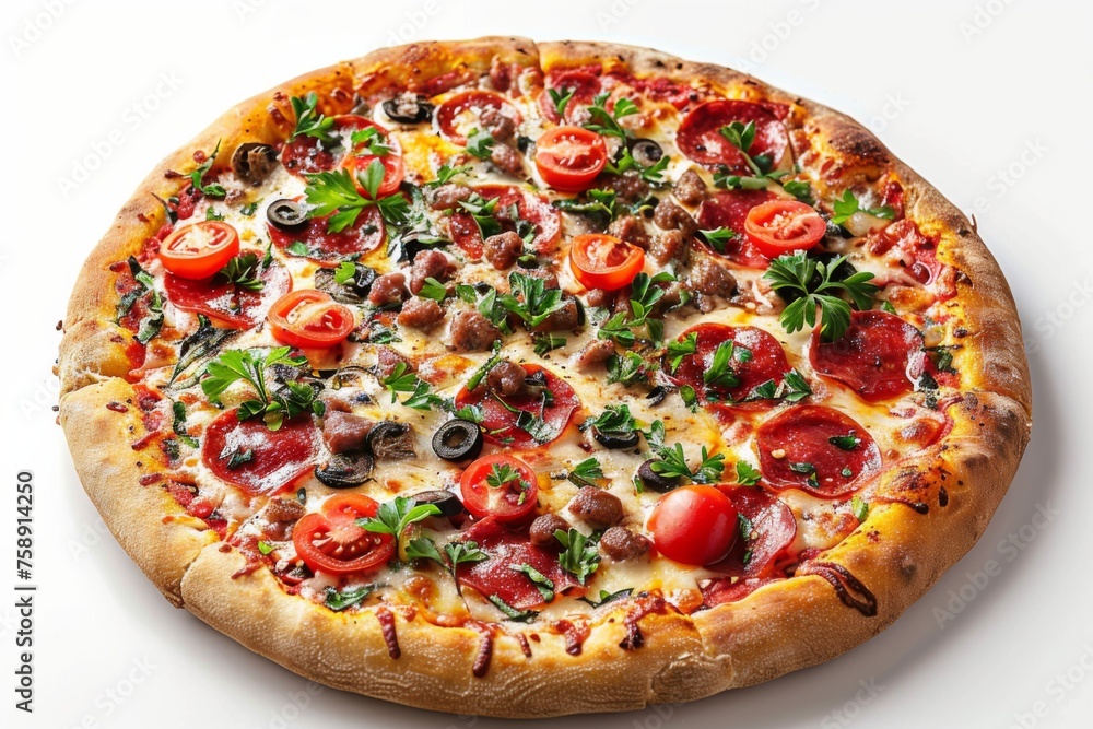 A freshly baked pizza topped with pepperoni, mushrooms, tomatoes, olives, and herbs.background