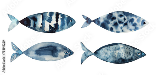 Watercolor set of the hand drawn blue fishes isolated on white background