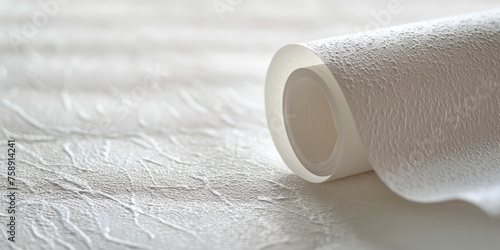Close-up of a roll of white wallpaper on a plain surface with copy space. Wallpapering  walls of the room. Flisiline, paper and vinyl wallpaper. photo