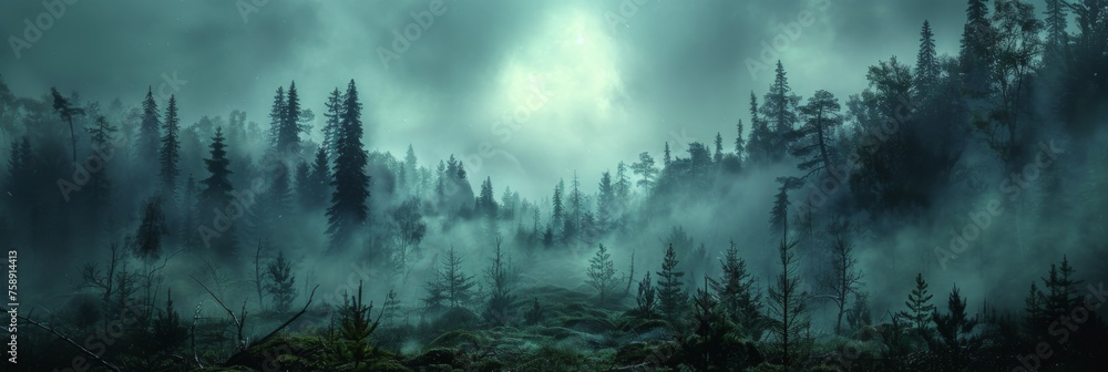 The edge of an eerily dark forest with creeping fog and wild boars. - obrazy, fototapety, plakaty 