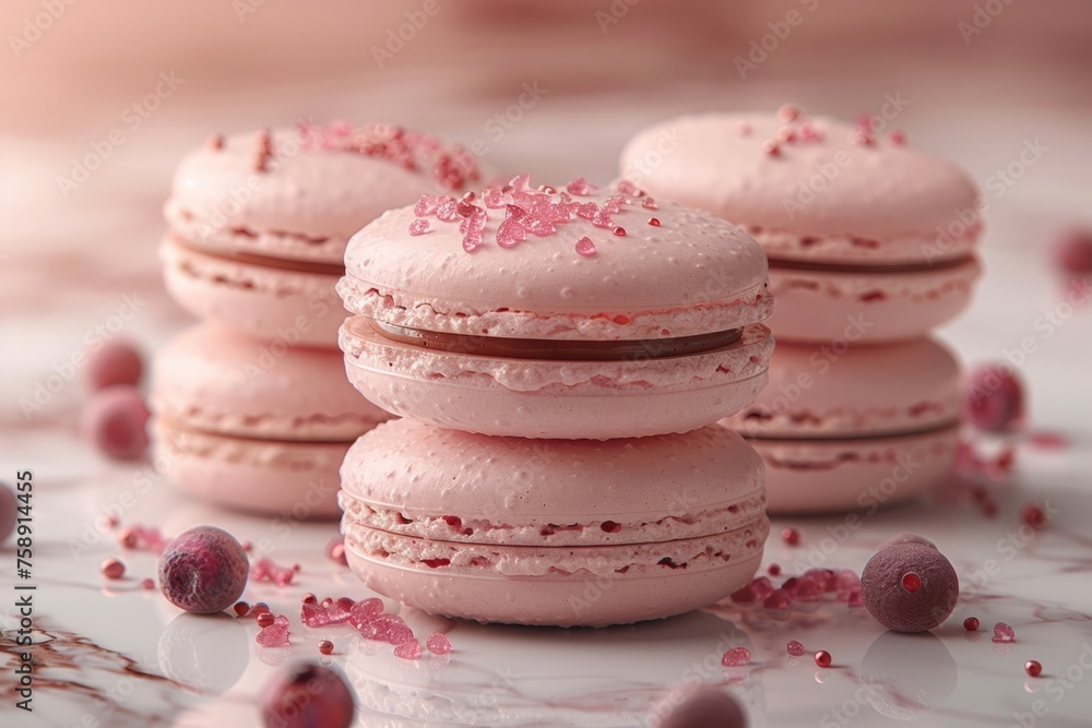 Three pink macaroons on a marble surface with a pink background and pink decoration.