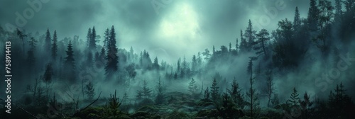 The edge of an eerily dark forest with creeping fog and wild boars. © artdolgov