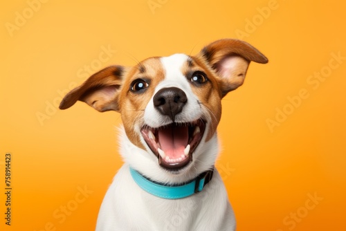 Happy funny excited little dog with long ears and wide open mouth on bright background	
 photo