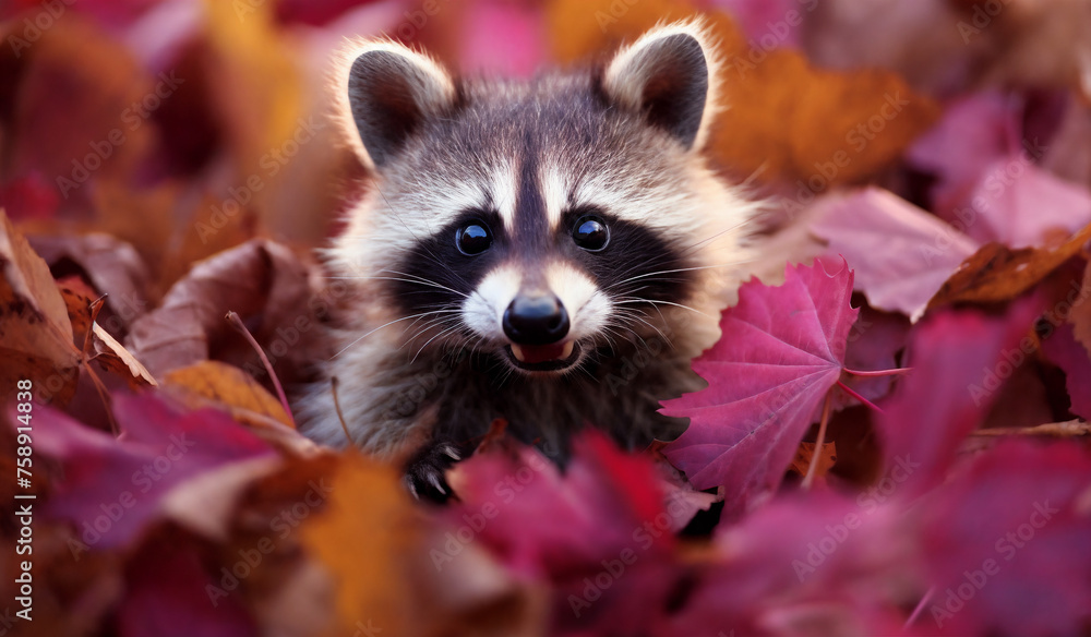 a raccoon is standing in a pile of leaves and looking at the camera with a surprised look on its face