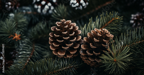 two pine cones are sitting on a pine tree branch with needles and needles on it, and pine cones are in the foreground