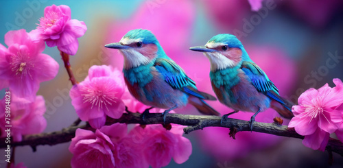two birds sitting on a branch with pink flowers in the background and a blue sky in the background with pink flowers © Vitaliy