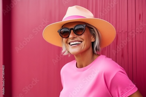 summer holidays, fashion, people and lifestyle concept - smiling woman in hat and sunglasses over pink background