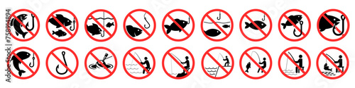 No fishing sign. Fishing ban sign set.