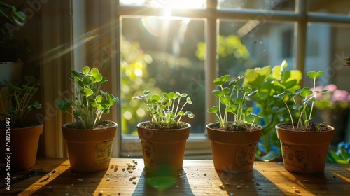 Craft a visually captivating scene where seeds thrive on a windowsill © Supasin