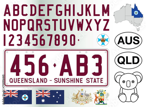 Queensland car license plate pattern, letters, numbers and symbols, vector illustration, Australia