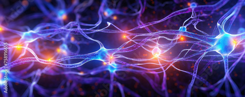 neuron cells brain with glowing in human brain synapses