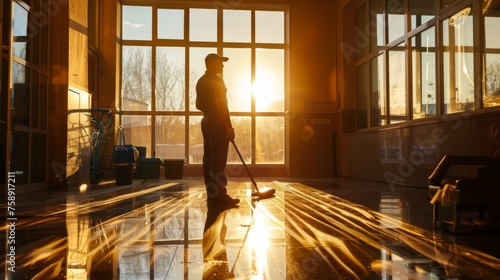 A man is actively cleaning the floor with a mop in a room. He is focused and diligent in his task, ensuring that the floor is spotless and shiny. photo