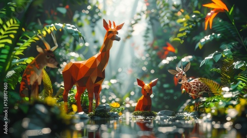 Abstract low poly backdrop features geometric creatures in lively habitat
