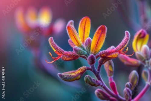 In this close-up shot, a flower is showcased with a blurred background, highlighting the intricate details of the petals and stamen. The sharp focus on the flower brings out its beauty against the sof