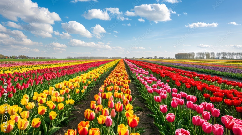 A field filled with colorful tulips stretches out under a clear blue sky. The vibrant flowers create a stunning display of color against the natural backdrop.