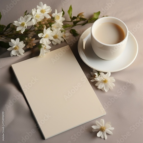 Invitation card, cup of coffee and notebook