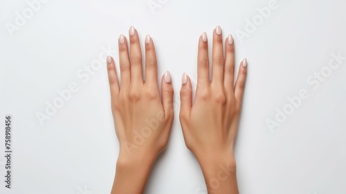 Two hands with nails painted in a light pink color