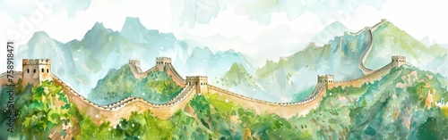 A painting of the Great Wall of China with mountains in the background. The painting is in watercolor and has a serene and peaceful mood