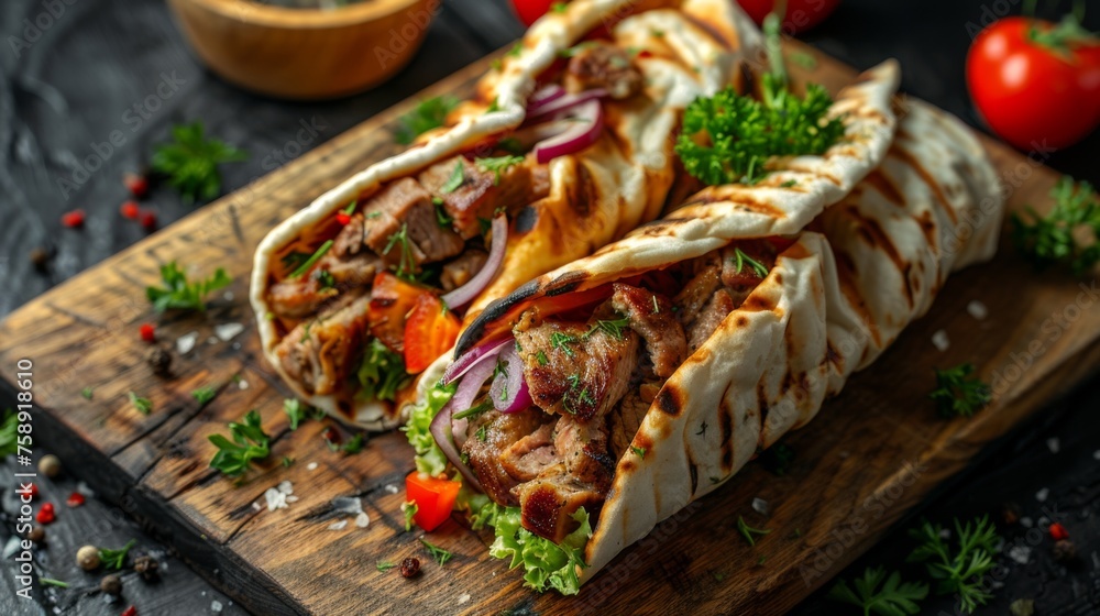 Delicious Greek gyros wrapped in pita bread. Shawarma, grilled pita on dark background. With fresh meat and vegetables. Delicious Greek gyros wrapped in pita bread. Shawarma, grilled pita on dark background. With fresh meat and vegetables.