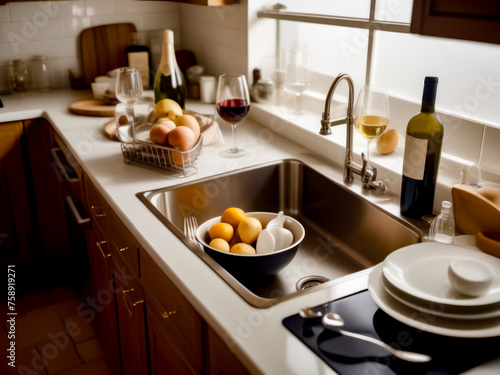 Kitchen sink with bowl of oranges and bottle of wine.