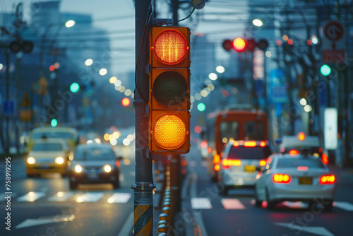 Smart traffic lights dynamically adjusting signal timings to prioritize emergency vehicles during emergencies. photo